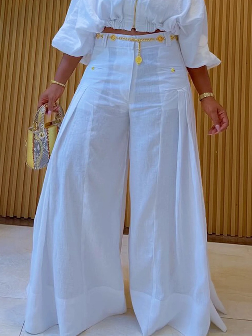Women's Wide-Leg White Linen Blend Pants
